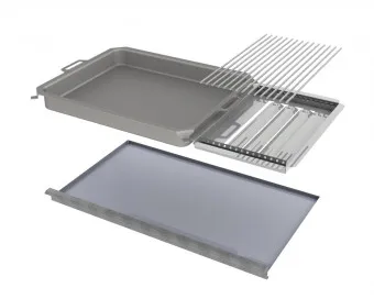 Kombi-Set 4-teilig Pfanne + V2A Rost Einzelstäbe + Flammabdeckung + Fettwanne für Gastrobräter 5-flammig